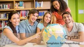  Presentation with college students and laptop - Slides consisting of college students pointing at globe background and a coral colored foreground