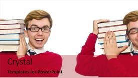  Presentation with tan book stack stacks of books - Beautiful presentation theme featuring college students preparing examination - funny student with books isolated backdrop and a crimson colored foreground