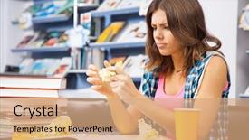  Presentation with university library - Theme enhanced with college students preparing examination - stressed female student background and a coral colored foreground