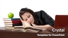  Presentation with woman office desk - Theme having college students preparing examination - stressed young woman sleeping background and a  colored foreground