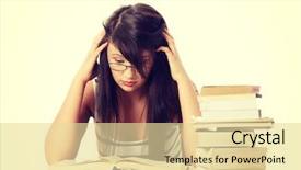  Presentation with books - PPT theme featuring college students preparing examination - young student woman with lots background and a  colored foreground