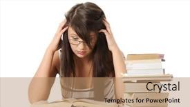  Presentation with examination - PPT layouts enhanced with college students preparing examination - young student woman with lots background and a coral colored foreground