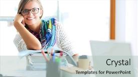  Presentation with tan book stack stacks of books - Beautiful PPT layouts featuring college students preparing examination - young woman sitting backdrop and a mint green colored foreground