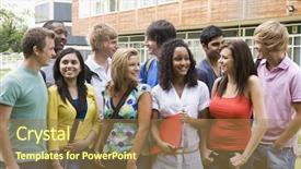  Presentation with ethnic - Presentation featuring college students stood outside background and a coral colored foreground