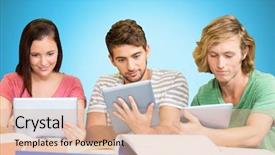  Presentation with college-students - Amazing PPT layouts having college students using digital tablets in library against blue background with vignette backdrop and a lemonade colored foreground