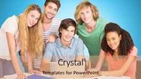  Presentation with college students - Beautiful PPT layouts featuring college students using laptop in library against blue background with vignette backdrop and a coral colored foreground