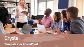  Presentation with college students and laptop - Slide deck consisting of college students working in library background and a coral colored foreground