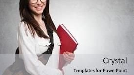  Presentation with college - Cool new slide deck with college studying - portrait of a young woman backdrop and a light gray colored foreground