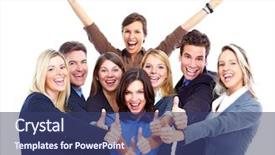  Presentation with team group - Slides with financial success - group of smiling business people background and a ocean colored foreground