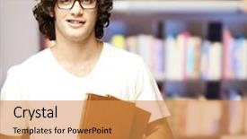  Presentation with books on bookshelf in library - Beautiful theme featuring university success - young man holding books backdrop and a  colored foreground