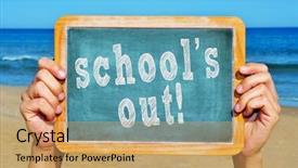  Presentation with schools out - Theme enhanced with college tour - man hand holding a chalkboard background and a yellow colored foreground