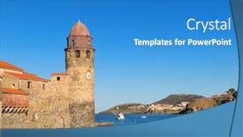  Presentation with tower - Audience pleasing PPT theme consisting of collioure-landmark-tower-in-harbor backdrop and a teal colored foreground