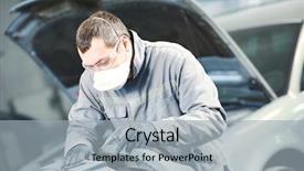  Presentation with auto - Theme enhanced with collision - auto repairman grinding autobody bonnet background and a light gray colored foreground