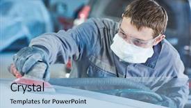  Presentation with auto - Presentation design with collision - auto repairman grinding autobody bonnet background and a light blue colored foreground