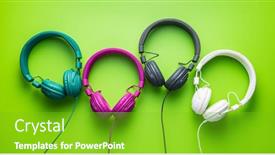  Presentation with headphones - Theme having coloful-wired-stereo-headphones background and a shamrock green colored foreground