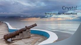  Presentation with colonial - Amazing PPT theme having colonial-cannon-in-seafront backdrop and a teal colored foreground