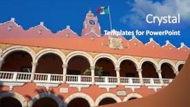  Presentation with mexico city - Beautiful PPT layouts featuring colonial flag - merida city town hall arcs backdrop and a teal colored foreground