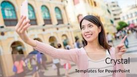  Presentation with mobile phone in woman hand - Presentation having colonias portuguesas - asian woman using mobile phone background and a  colored foreground