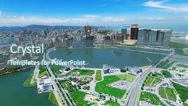  Presentation with macau - Presentation design with colonias portuguesas - macau downtown city view background and a ocean colored foreground