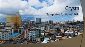  Presentation with macau - Colorful presentation theme enhanced with colonias portuguesas - macau downtown city view backdrop and a light blue colored foreground