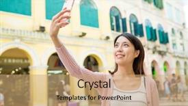  Presentation with take - Presentation theme enhanced with colonias portuguesas - woman take selfie by mobile background and a coral colored foreground