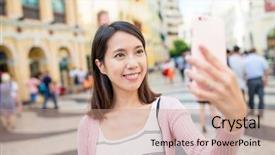  Presentation with selfie - Beautiful presentation theme featuring colonias portuguesas - woman taking selfie by mobile backdrop and a coral colored foreground