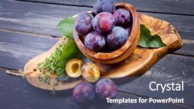  Presentation with healthy - Audience pleasing theme consisting of plums on wooden table close backdrop and a ocean colored foreground