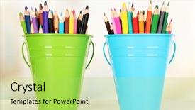  Presentation with multicolor - Theme with color buckets with multicolor pencils on color background background and a yellow colored foreground