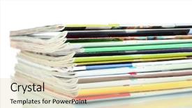  Presentation with magazines - Audience pleasing presentation theme consisting of color business brochure cover - many magazines isolated on white backdrop and a soft green colored foreground