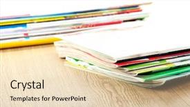  Presentation with wooden board empty table top - Cool new presentation with color business brochure cover - many magazines on wooden table backdrop and a lemonade colored foreground