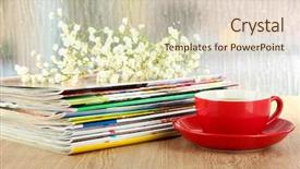  Presentation with magazines - Presentation having color business brochure cover - many magazines with red cup background and a soft green colored foreground