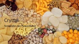  Presentation with snack food - Colorful slide deck enhanced with color crackers - savory snack food selection forming backdrop and a yellow colored foreground