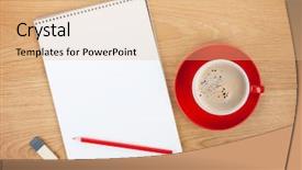  Presentation with crayon - Cool new slide set with color crayon - blank notepad with office supplies backdrop and a coral colored foreground