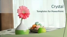  Presentation with apple flower - Beautiful slide set featuring color gerbera flower in vase and apple with macaroons on table on curtains background backdrop and a sky blue colored foreground
