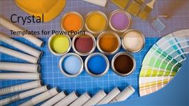  Presentation with paint brush - PPT theme consisting of color guide samples blue background and a gold colored foreground