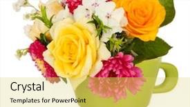  Presentation with beautiful flowers border floral design - Colorful presentation design enhanced with color mug isolated on white backdrop and a yellow colored foreground
