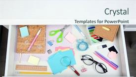  Presentation with desk - Amazing slides having color notes - stationery in open desk drawer backdrop and a sky blue colored foreground