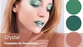  Presentation with fancy - Cool new theme with color palette and beautiful woman with fancy green makeup on grey background backdrop and a coral colored foreground