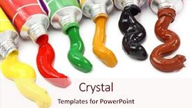  Presentation with paint white brick wall - Colorful presentation theme enhanced with color pallete - tubes with colorful paints isolated backdrop and a sky blue colored foreground