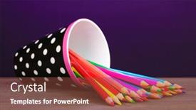  Presentation with color pencils - Slides with color pencils in glass on wooden table on violet background background and a tawny brown colored foreground