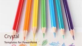  Presentation with blank whiteboard isolated on white - Theme having color pencils isolated on white background and a  colored foreground