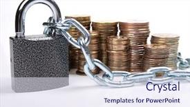  Presentation with padlock - Amazing slides having color photo of pile of coins and a padlock with chain backdrop and a sky blue colored foreground