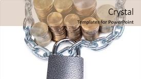  Presentation with padlock - Cool new presentation theme with color photo of pile of coins and a padlock with chain backdrop and a coral colored foreground