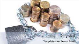  Presentation with padlock - Amazing PPT layouts having color photo of pile of coins and a padlock with chain backdrop and a light blue colored foreground