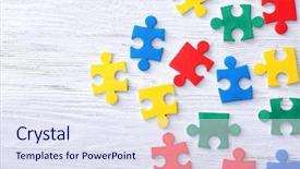  Presentation with wooden - PPT layouts enhanced with color puzzles on wooden background background and a sky blue colored foreground