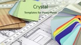  Presentation with plastics - Slides featuring color samples of architectural materials - plastics metric folding ruler and architectural drawings of the modern house background and a soft green colored foreground