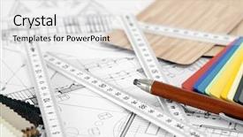  Presentation with architectural drawings - Slide deck consisting of color samples of architectural materials - plastics metric folding ruler pencil architectural drawings of the modern house background and a white colored foreground