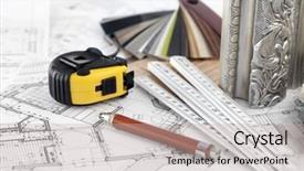  Presentation with plastics - Amazing theme having color samples of architectural materials - plastics metric folding ruler tape measure pencil architectural drawings of the modern house backdrop and a mint green colored foreground