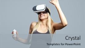  Presentation with experience - Beautiful slide deck featuring color shot of a young woman looking through some vr glasses a device with which one can experience virtual reality on a mobile phone backdrop and a light gray colored foreground