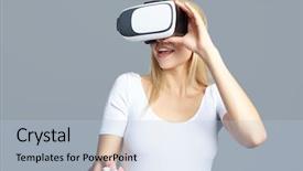  Presentation with experience - Slide deck featuring color shot of a young woman looking through some vr glasses a device with which one can experience virtual reality on a mobile phone background and a light blue colored foreground